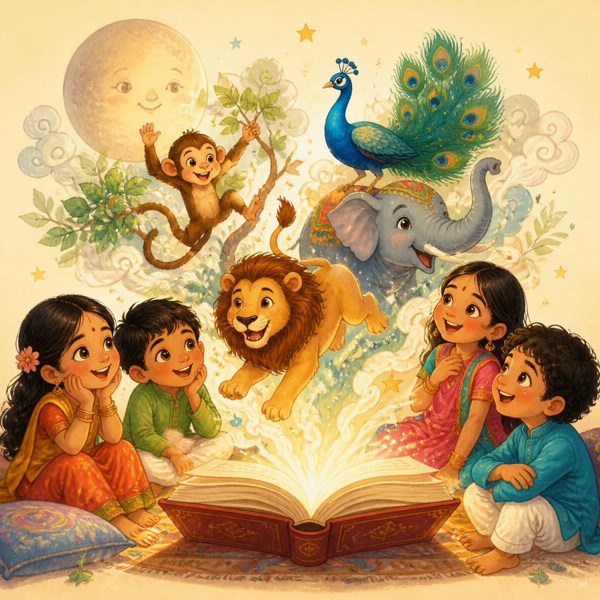 Illustrated Indian children gathered around a magical storybook